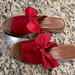 Red, shimmery, slip-on Sandals